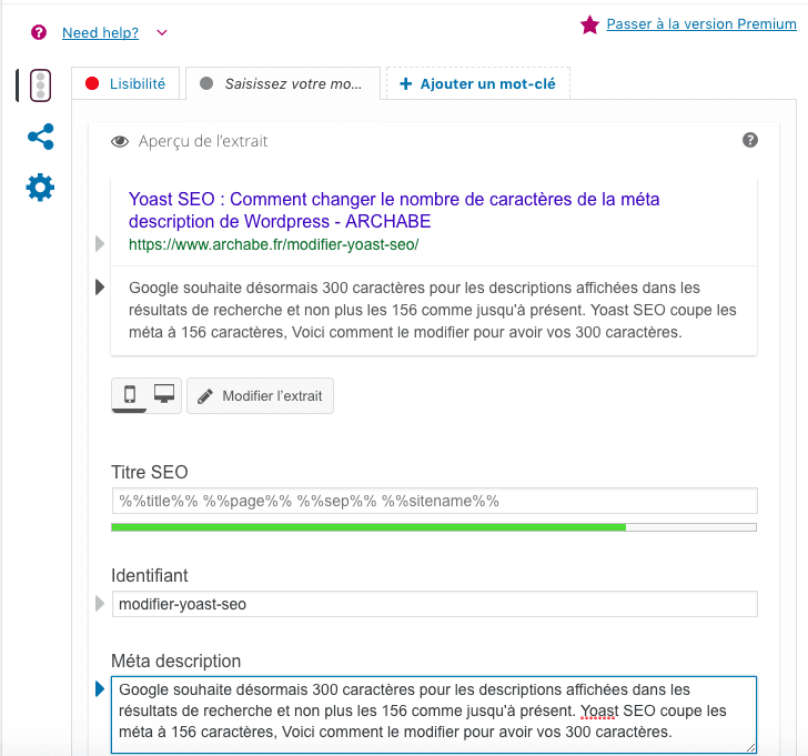 Yoast Seo avec 300 caractères