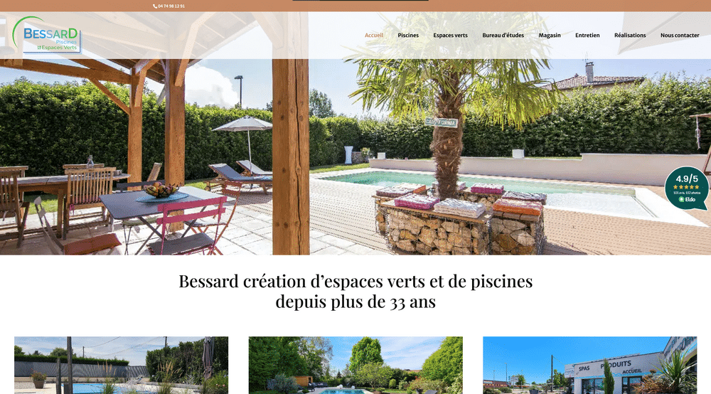 Page d'accueil du site internet de Bessard Piscines et Espaces Verts.