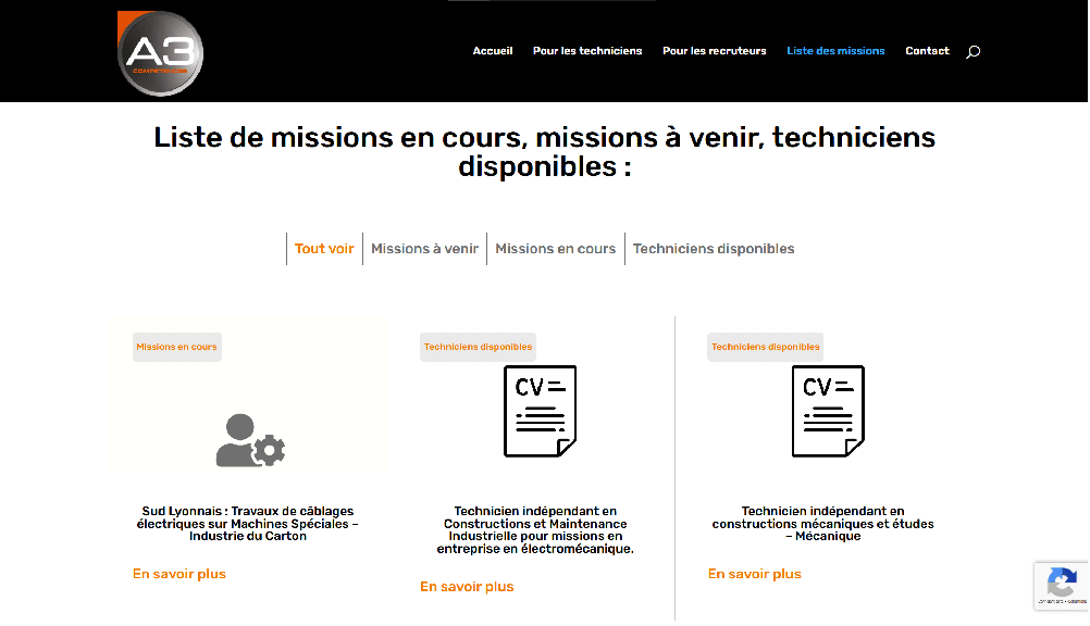 Page CV Missions du site A3 Compétences